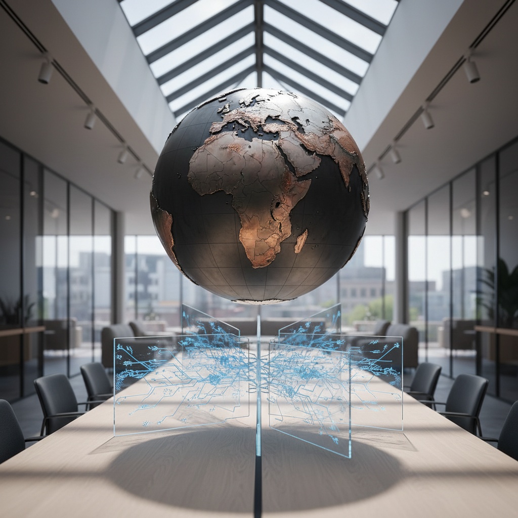 A matte-finished, heavy steel globe featuring finely etched continental borders and topographic textures, accented with subtle metallic copper highlights for key regions. The globe is suspended just above a balanced arrangement of intersecting translucent acrylic panels etched with network patterns and directional arrows, all set atop a smooth ash-wood conference table. Neutral light from a large skylight streams downwards, illuminating the globe and panels while creating gentle, elongated shadows. The background is an airy, neutral corporate lounge space with minimal furnishings and glass walls, subtly blurred to focus attention forward. The mood is contemplative and stable, underscoring resilience and intelligence. Composed with a slightly high, central viewpoint, the scene maintains crisp clarity and clean lines in photographic realism, visually presenting the intersection of geopolitical, resource, and climate intelligence.
