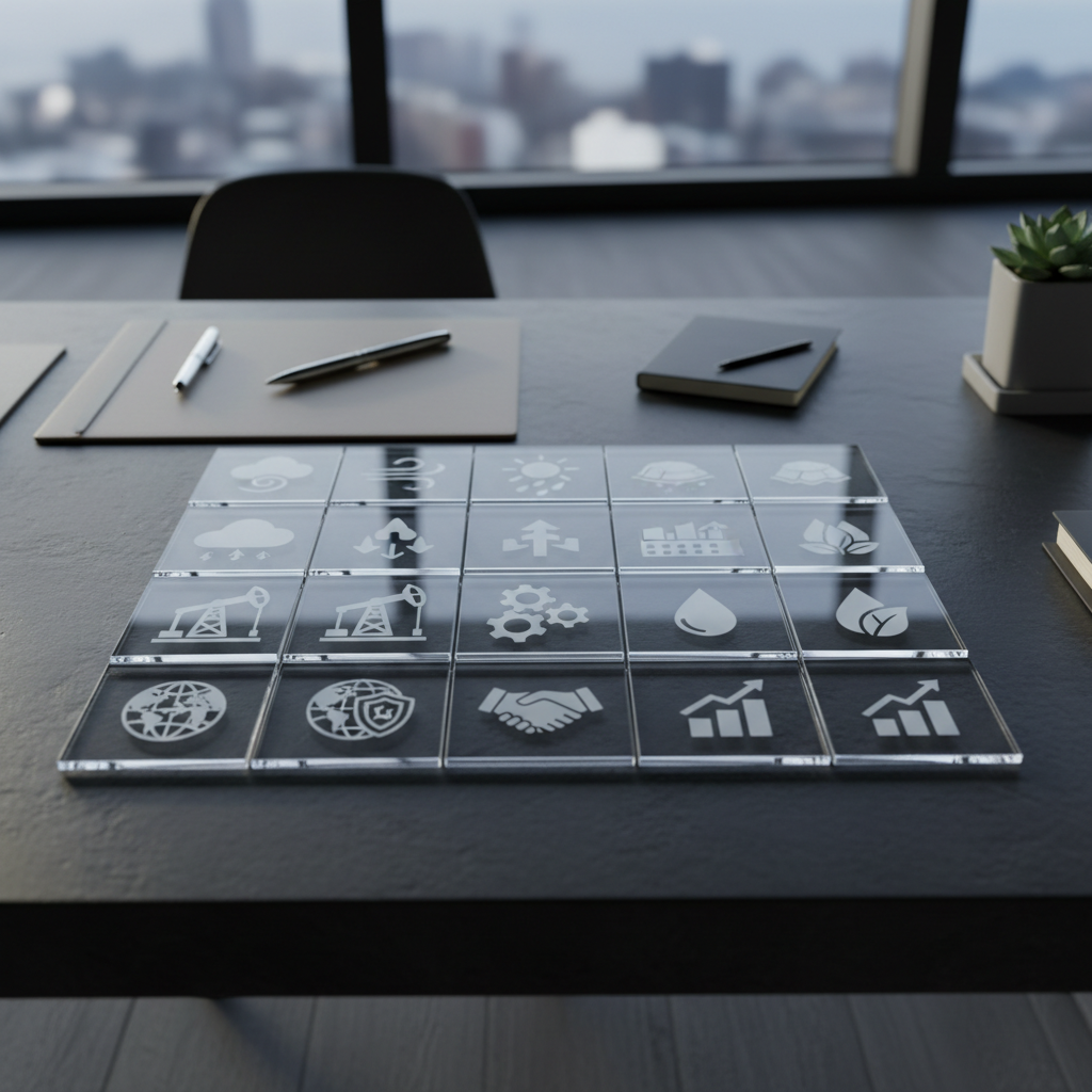 A series of high-clarity, interlocking glass tiles aligned in a perfect grid, each tile featuring an embedded monochrome icon representing climate patterns, resource flows, and geopolitical markers. The tiles are precisely arranged on a dark slate desktop, within a modern, well-lit workspace that features minimalist decor and neutral, professional tones. Cool, indirect morning light from a floor-to-ceiling window glances across the setup, creating subtle reflections and softly diffused highlights while preserving gentle edge detail and shadow. The atmosphere is meticulous and highly organized, projecting a sense of order and deliberate intelligence. Shot from a directly overhead, bird’s-eye perspective to accentuate structure and balance, the image is realized in a photographic, clean, and corporate style, visually conveying business analytics focus and clarity.