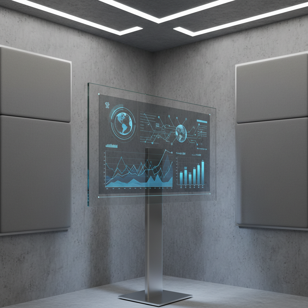 A sleek, glass-encased digital dashboard interface displayed prominently on a slim, brushed aluminum stand, featuring dynamic, colorful graphs, rotating globe icons, and energy flow indicators in a subtle palette of greys, dark blues, and sapphire. The dashboard stands before a textured concrete wall inside a quiet boardroom, with neutral-toned upholstered panels in the periphery. Bright, diffuse overhead LED lighting bathes the dashboard, creating a luminous, holographic effect on the screen's surface while casting soft, geometric shadows behind. The mood is focused and forward-thinking, with a clean, minimal, and highly organized composition, captured from a slightly angled, eye-level perspective to emphasize depth and sophistication. The photographic style underscores professionalism, making the visualization highly relevant to conveying intelligence-driven business analytics.